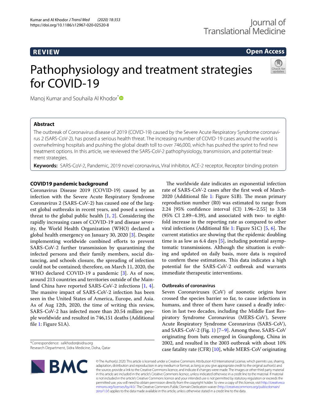 Pathophysiology and Treatment Strategies for COVID-19