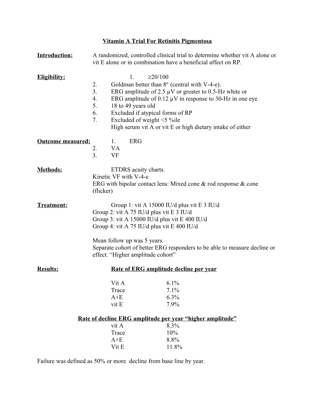 Vitamin a Trial for Retinitis Pigmentosa