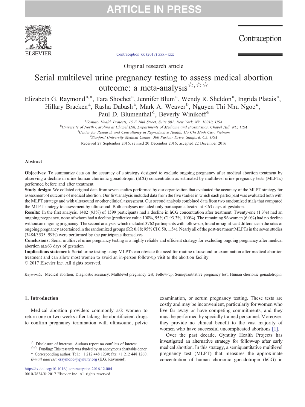 Serial Multilevel Urine Pregnancy Testing to Assess Medical Abortion Outcome: a Meta-Analysis☆,☆☆ ⁎ Elizabeth G