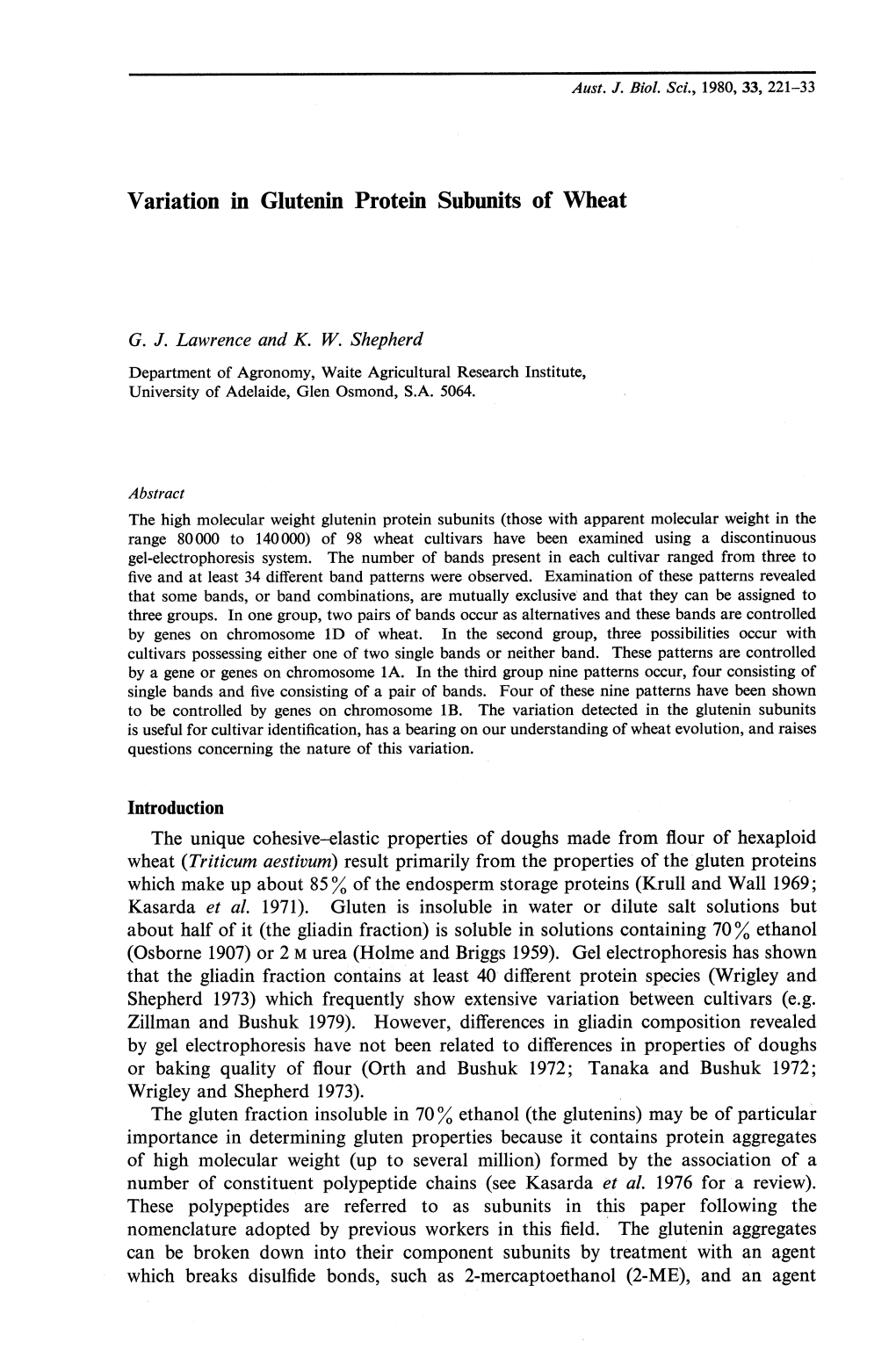 Variation in Glutenin Protein Subunits of Wheat