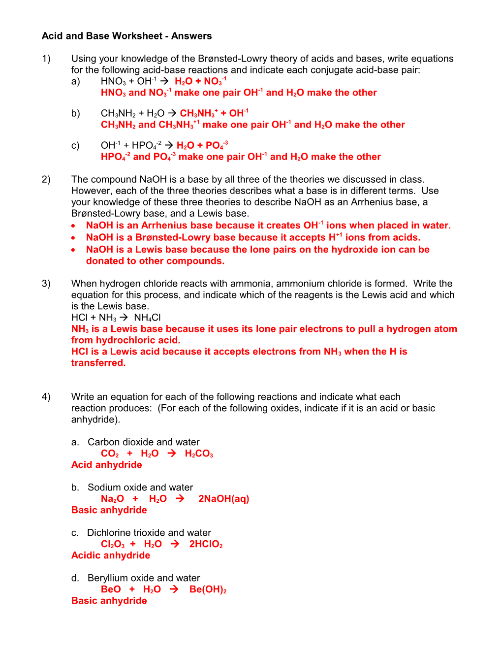 Acid And Base Worksheet - Answers