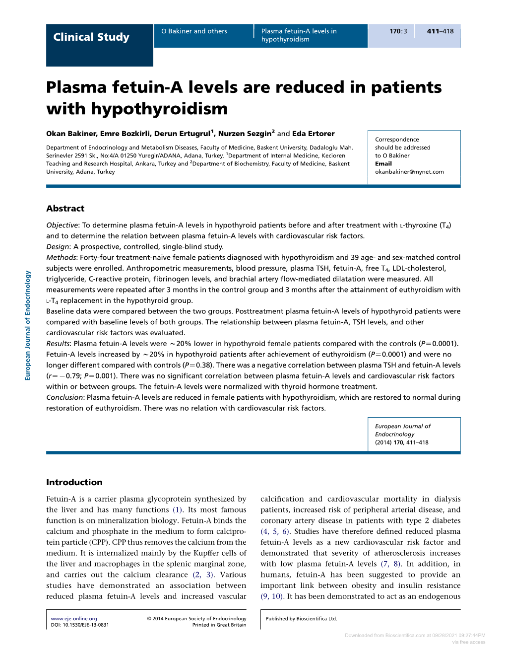 Plasma Fetuin-A Levels Are Reduced in Patients with Hypothyroidism