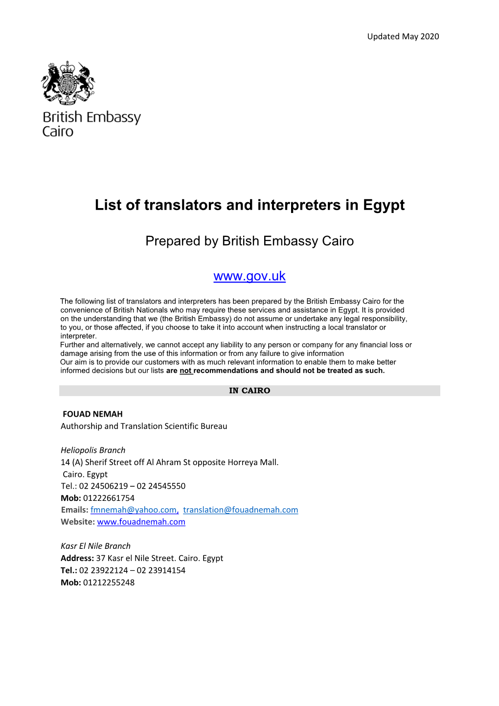 List of Translators and Interpreters in Egypt