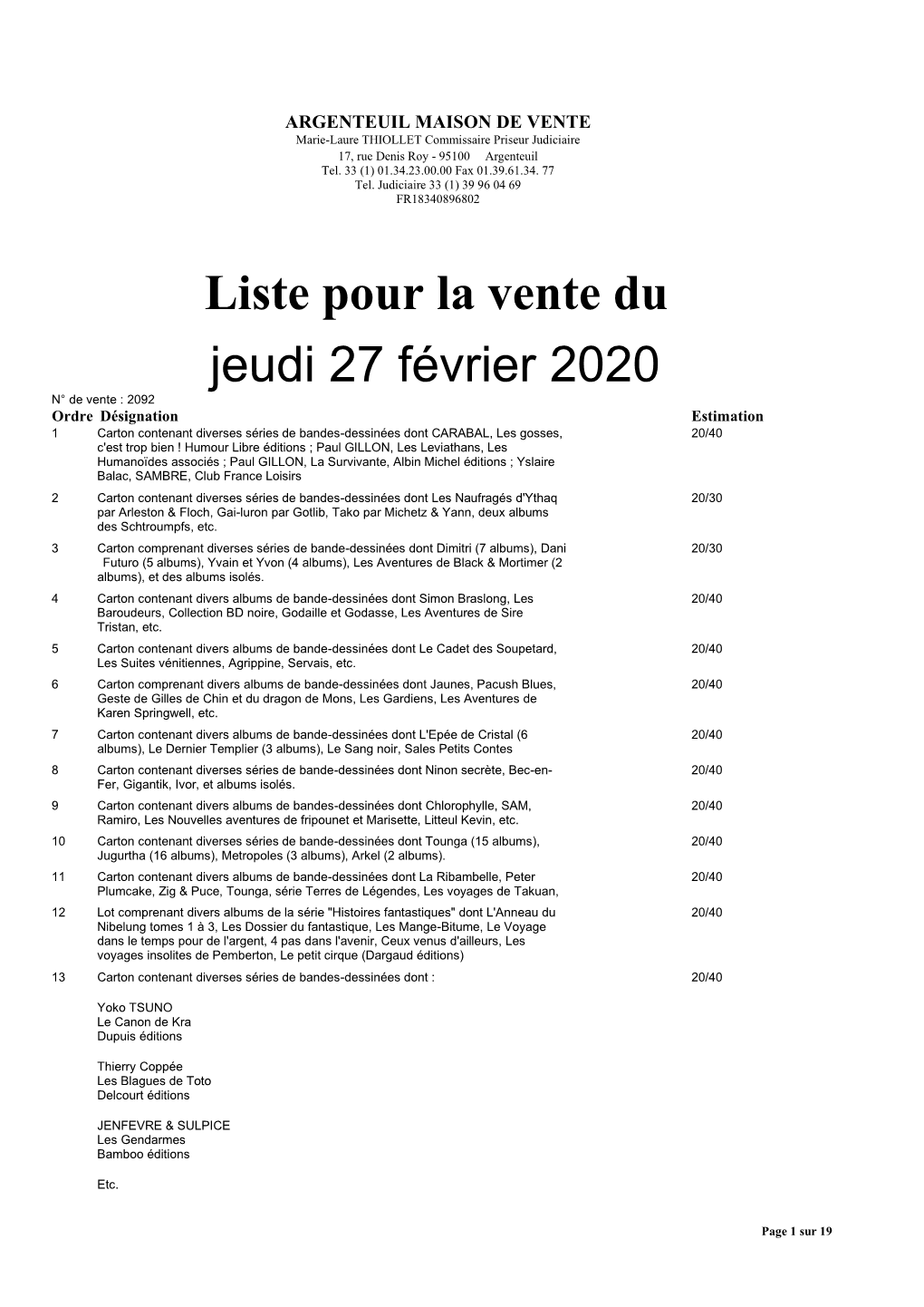 Liste Pour La Vente Du Jeudi 27 Février 2020