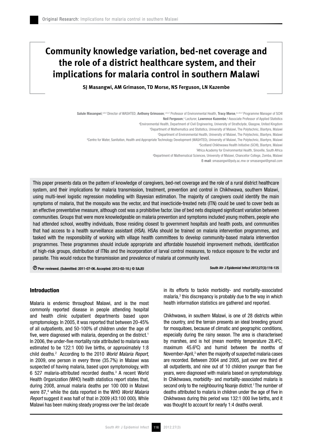 Community Knowledge Variation, Bed-Net Coverage and the Role of a District Healthcare System, and Their Implications for Malaria Control in Southern Malawi