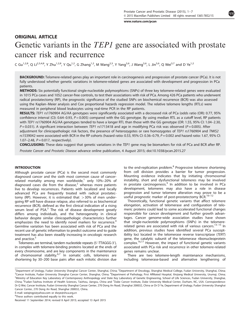 Genetic Variants in the TEP1 Gene Are Associated with Prostate Cancer Risk and Recurrence