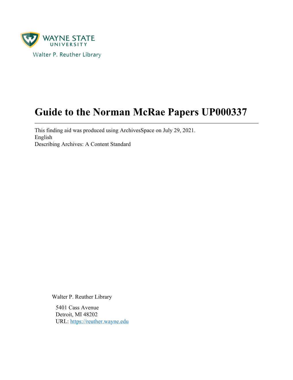 Guide to the Norman Mcrae Papers [UP000337]