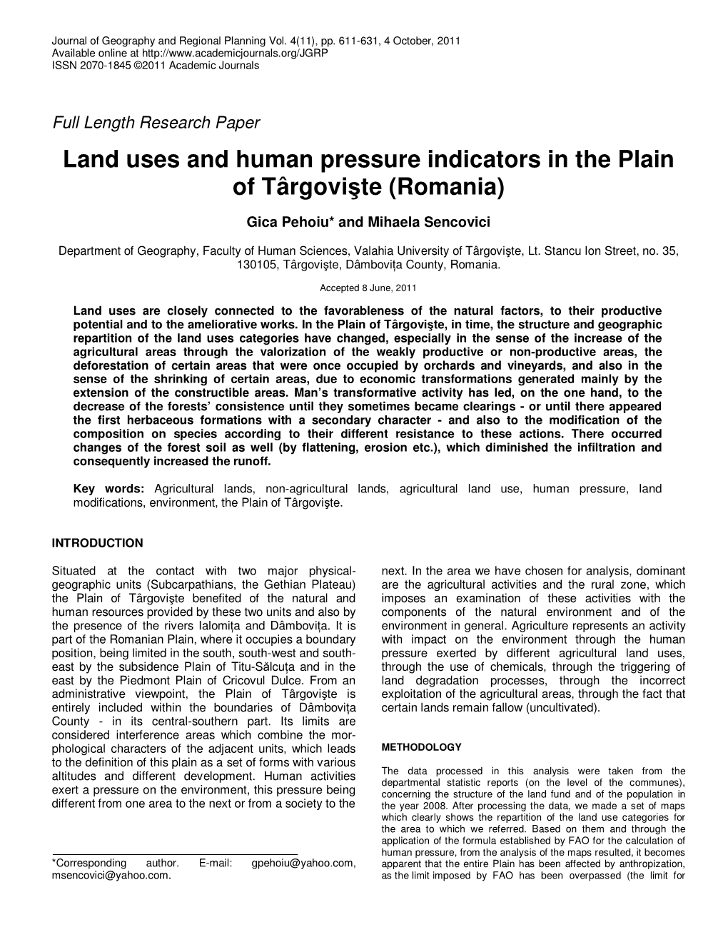 Land Uses and Human Pressure Indicators in the Plain of Târgovişte