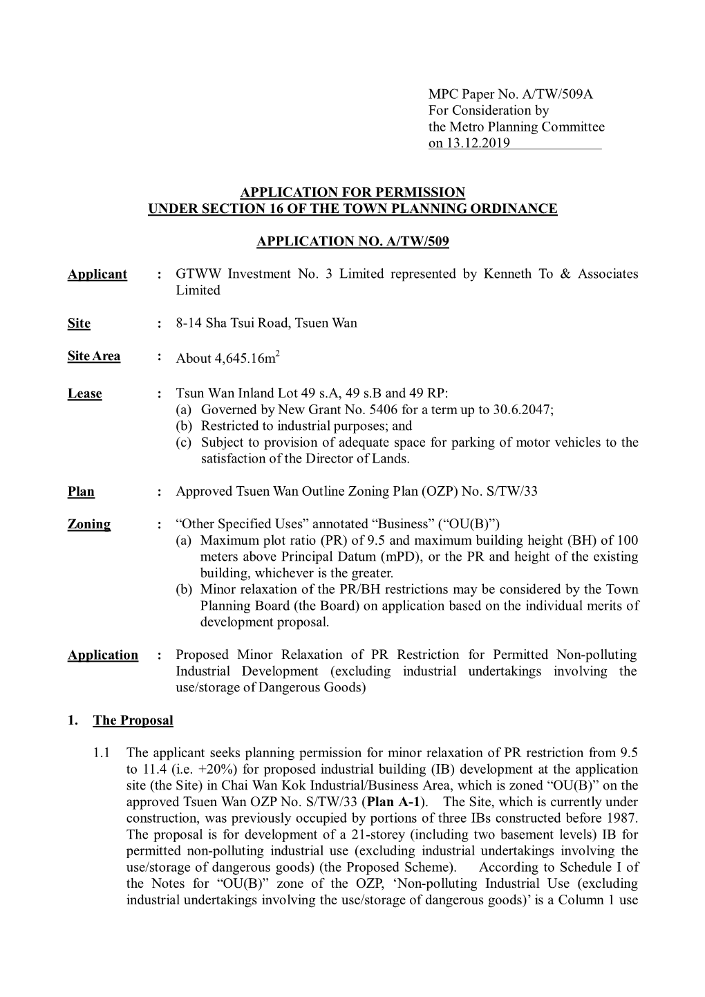 MPC Paper No. A/TW/509A for Consideration by the Metro Planning Committee on 13.12.2019