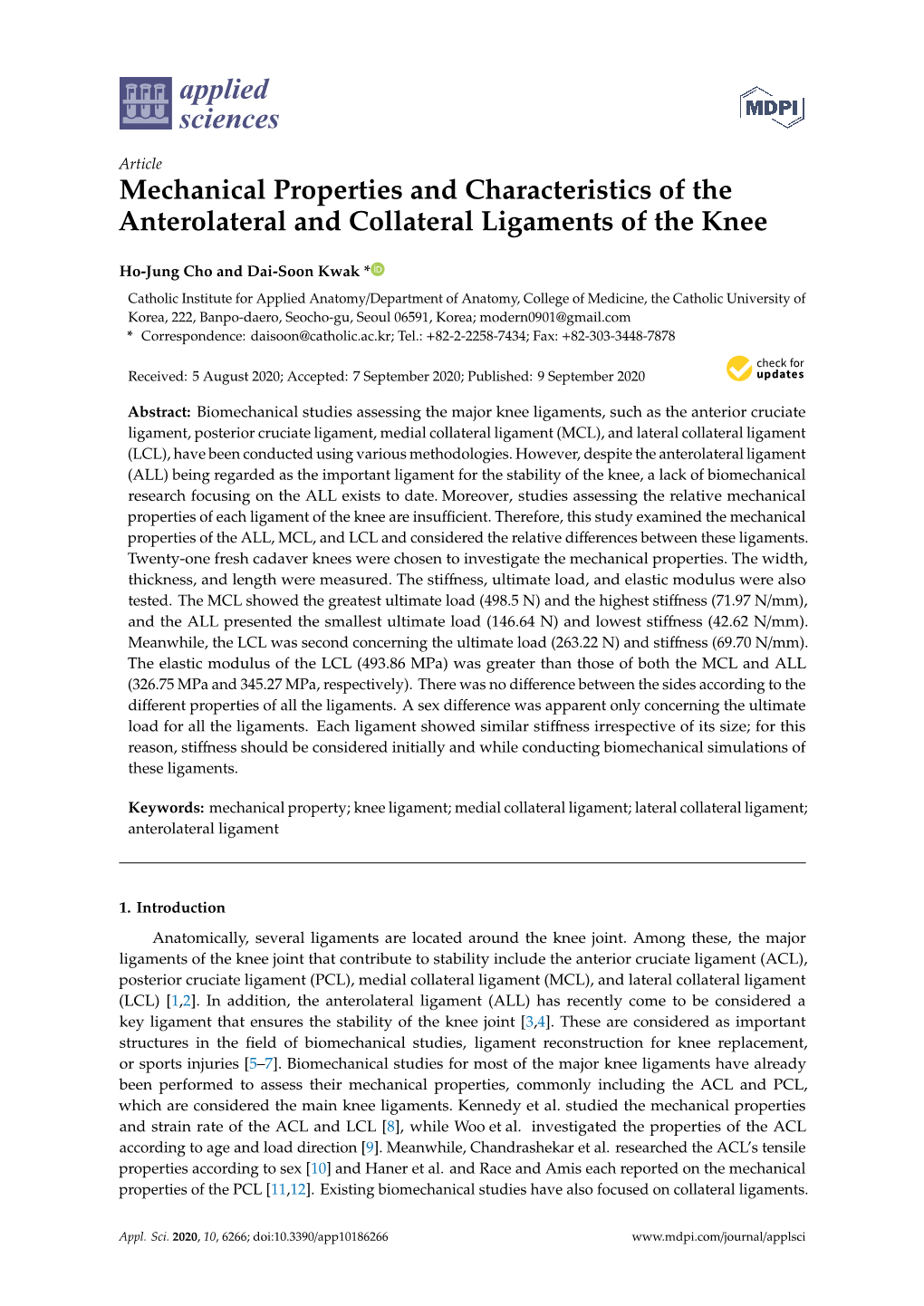 Mechanical Properties and Characteristics of the Anterolateral and Collateral Ligaments of the Knee