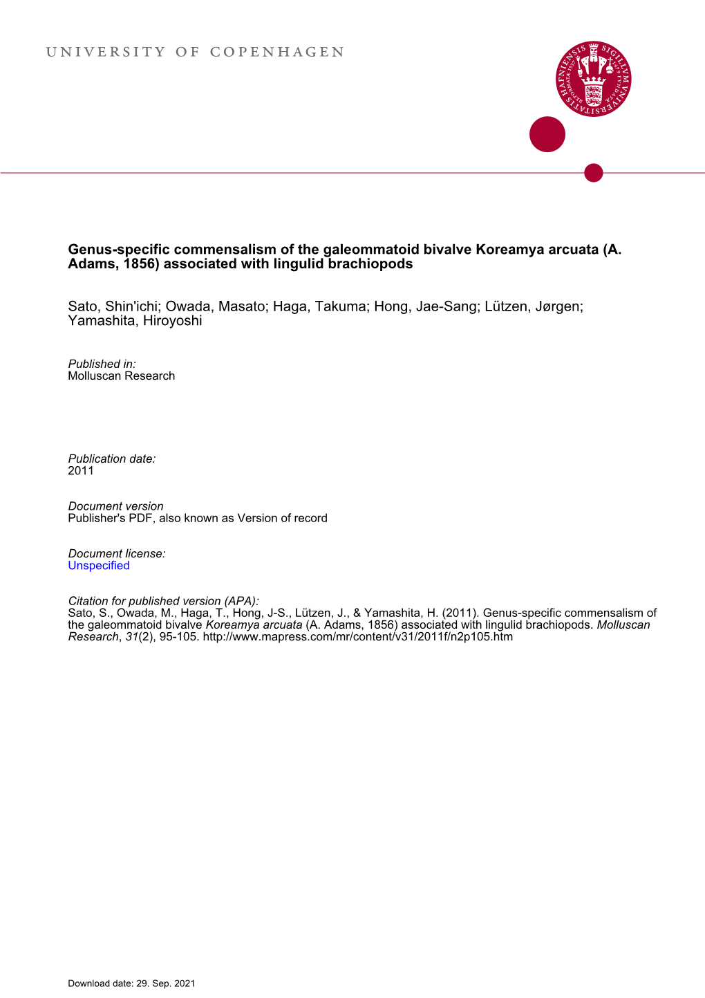 Genus-Specific Commensalism of the Galeommatoid Bivalve Koreamya Arcuata (A. Adams, 1856) Associated with Lingulid Brachiopods