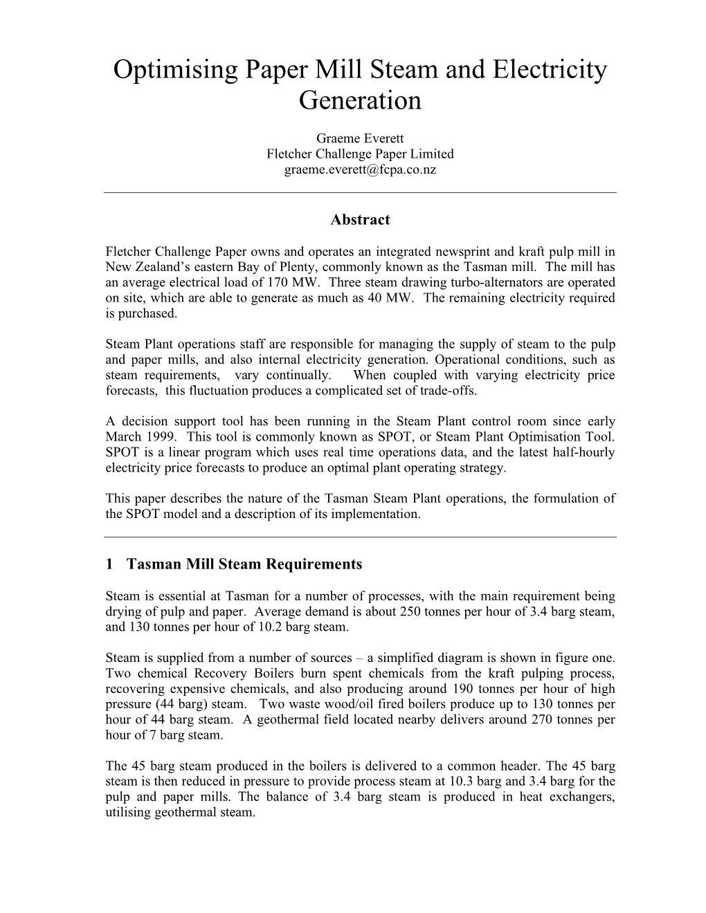 Optimising Paper Mill Steam and Electricity Generation