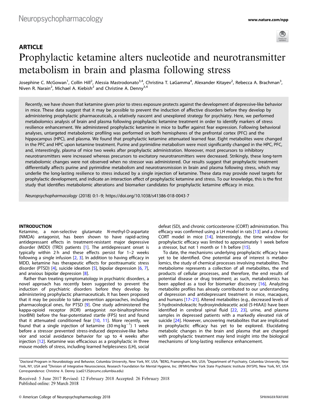 Prophylactic Ketamine Alters Nucleotide and Neurotransmitter Metabolism in Brain and Plasma Following Stress