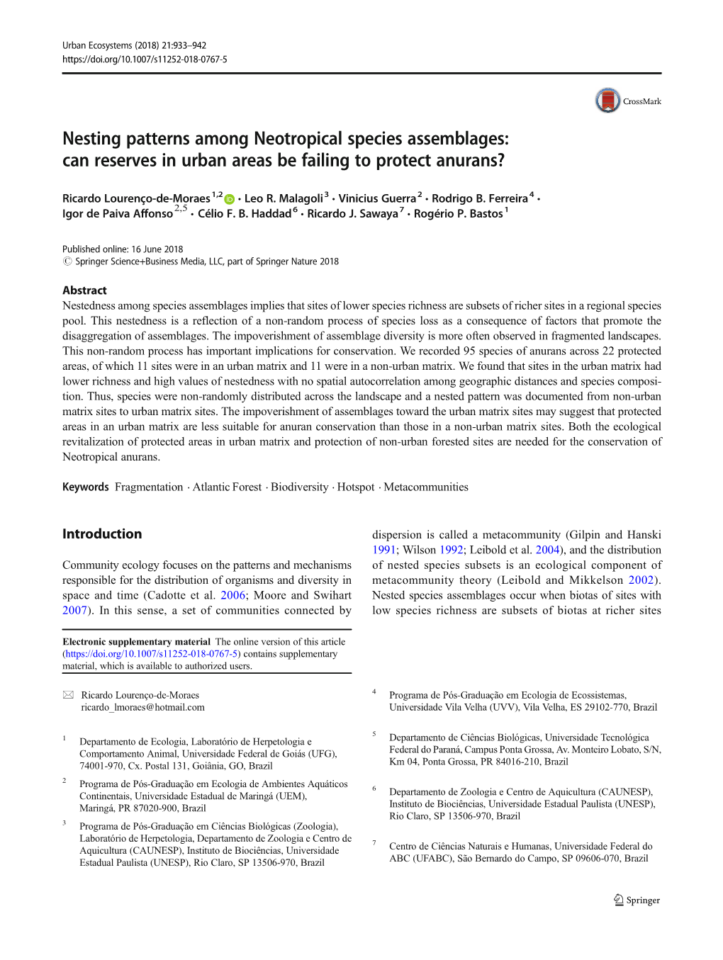 Nesting Patterns Among Neotropical Species Assemblages: Can Reserves in Urban Areas Be Failing to Protect Anurans?