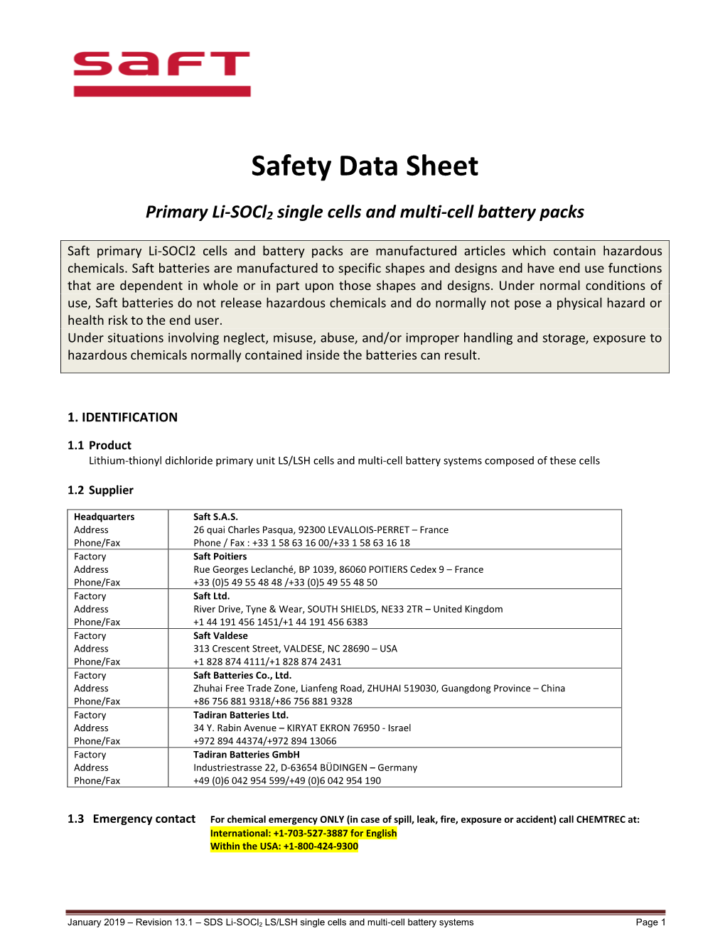 Safety Data Sheet Primary Li-Socl2 Single Cells and Multi-Cell Battery