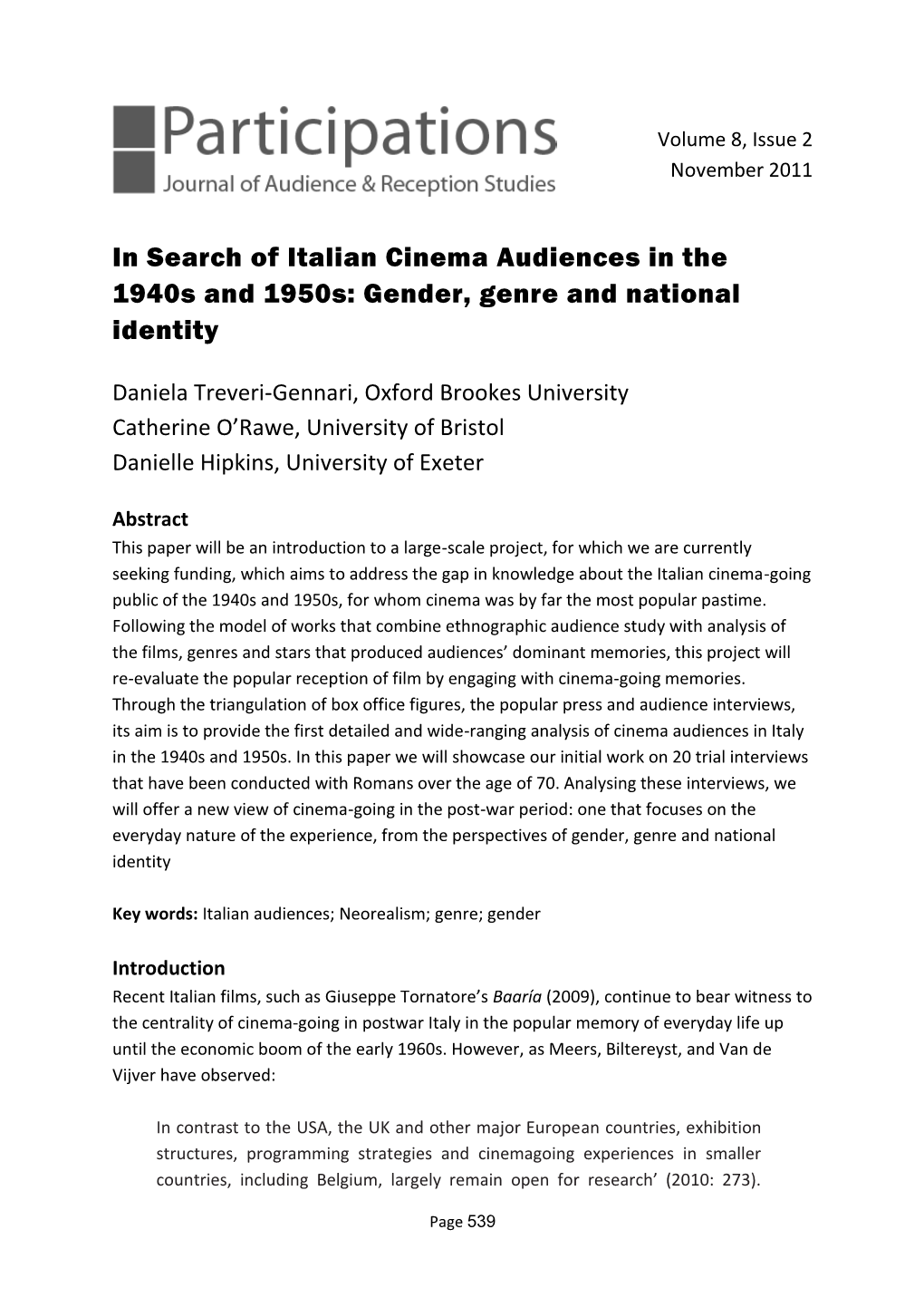 In Search of Italian Cinema Audiences in the 1940S and 1950S: Gender, Genre and National Identity