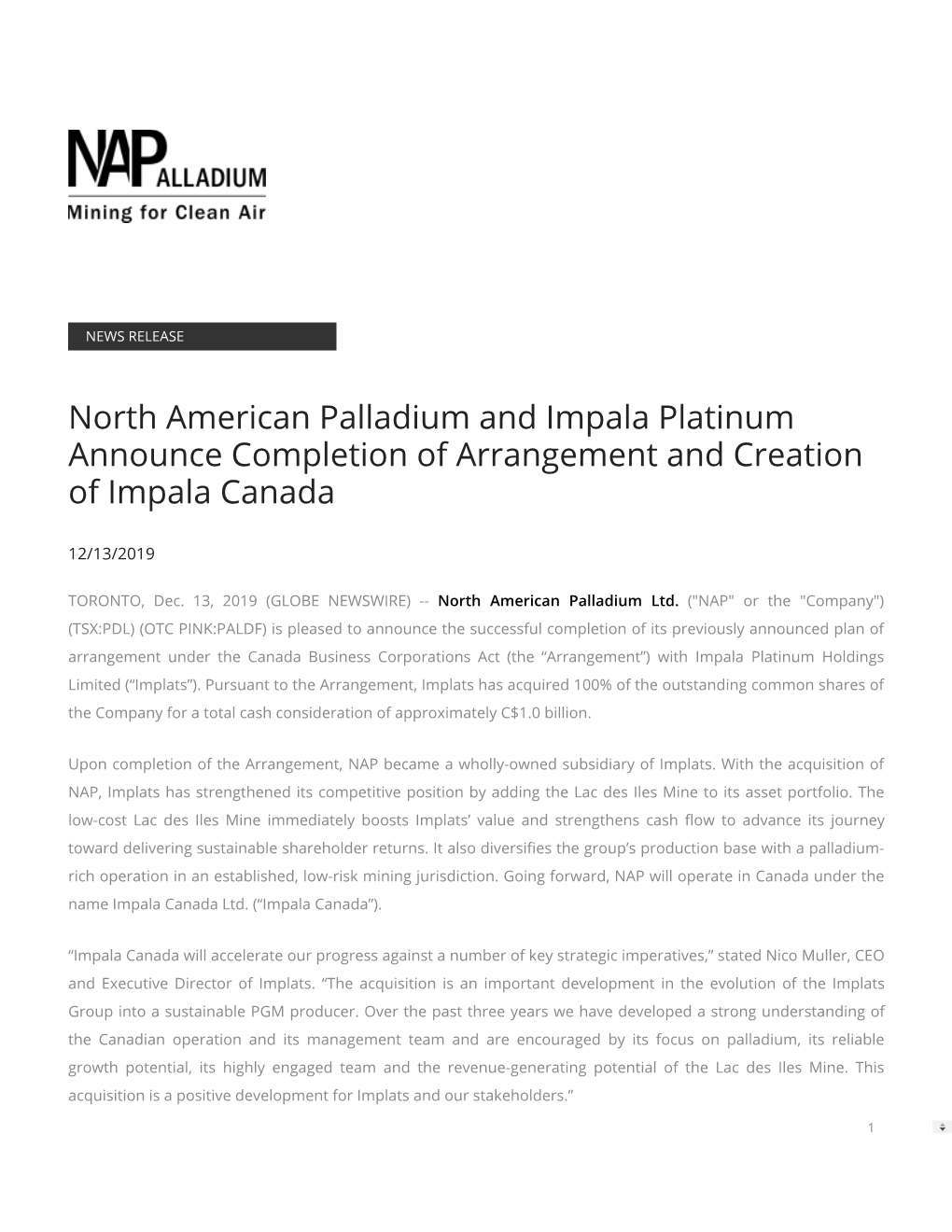 North American Palladium and Impala Platinum Announce Completion of Arrangement and Creation of Impala Canada