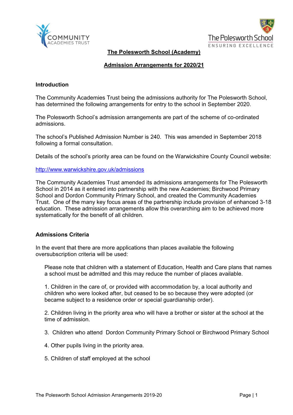 Admission Arrangements 2020-21