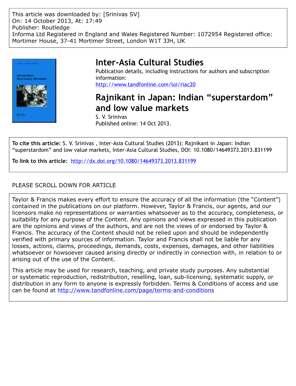 Inter-Asia Cultural Studies Rajnikant in Japan: Indian