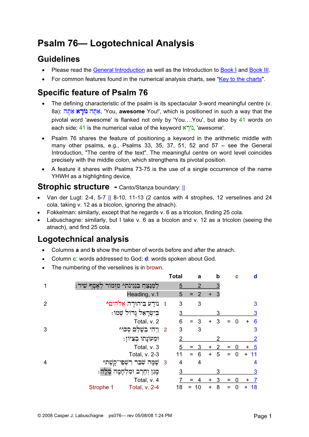 Psalm 76— Logotechnical Analysis Guidelines • Please Read the General Introduction As Well As the Introduction to Book I and Book III