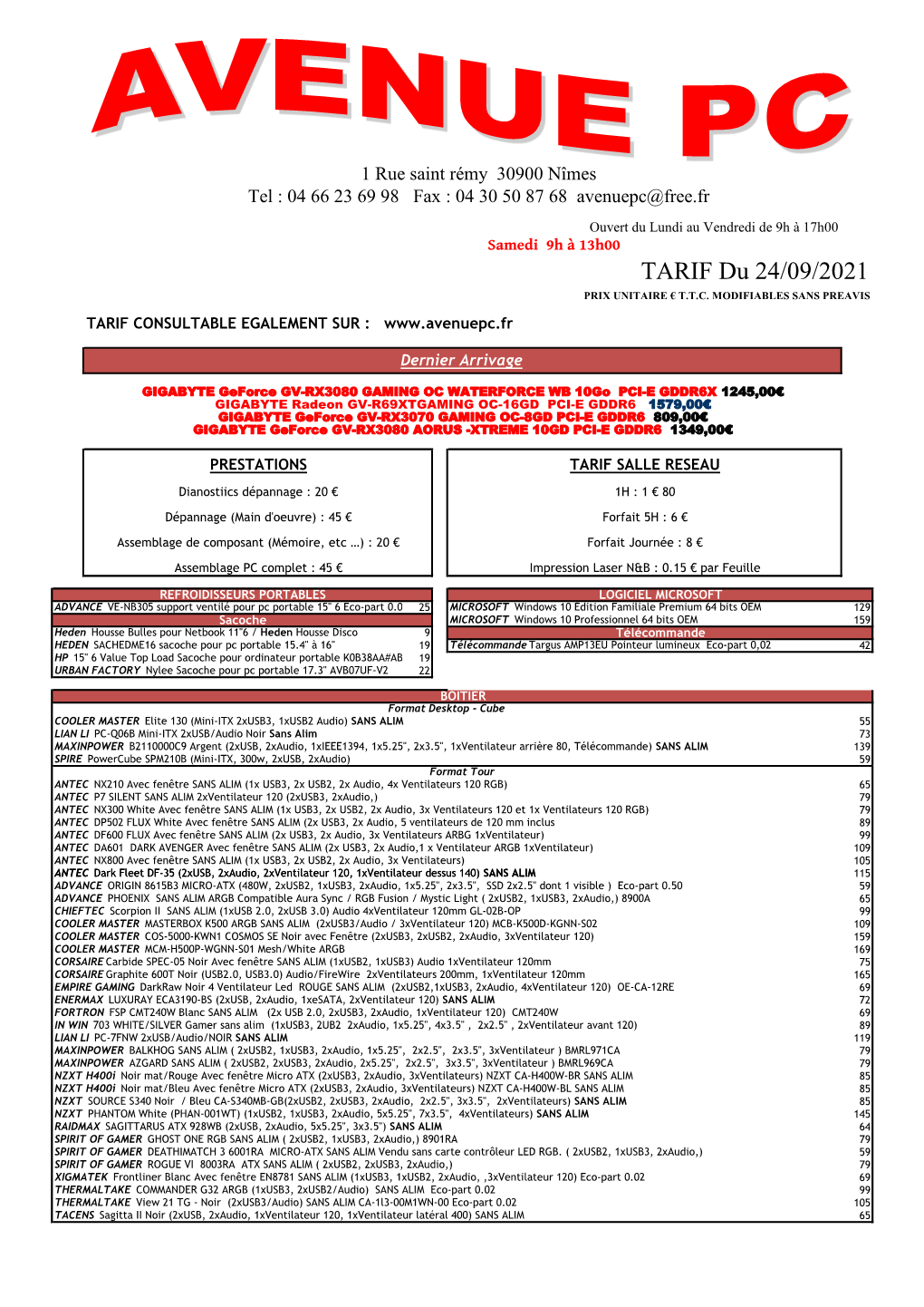 TARIF Du 20/08/2021