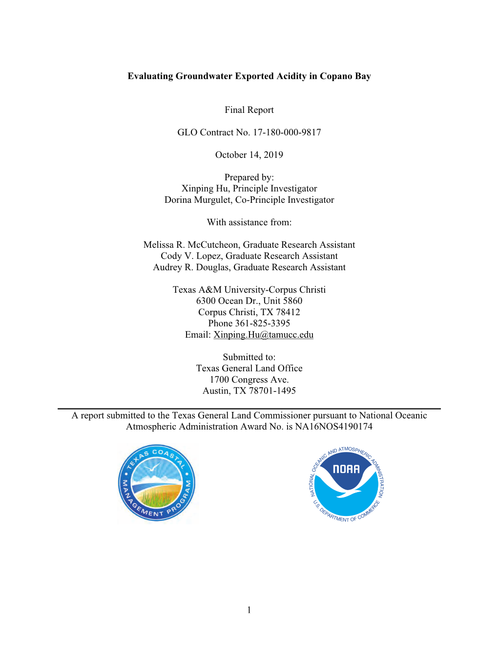 Evaluating Groundwater Exported Acidity in Copano Bay Final Report