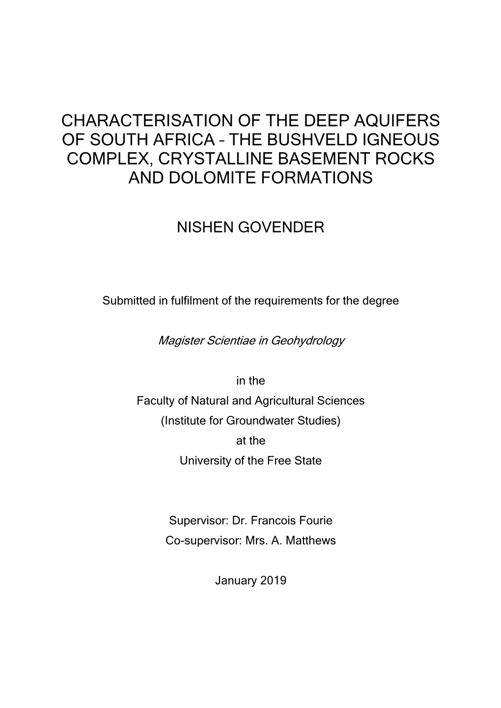 Characterisation of the Deep Aquifers of South Africa – the Bushveld Igneous Complex, Crystalline Basement Rocks and Dolomite Formations