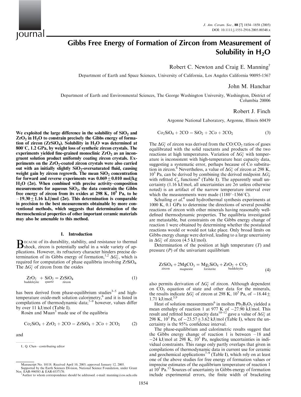Journal Gibbs Free Energy of Formation of Zircon from Measurement of Solubility in H2O
