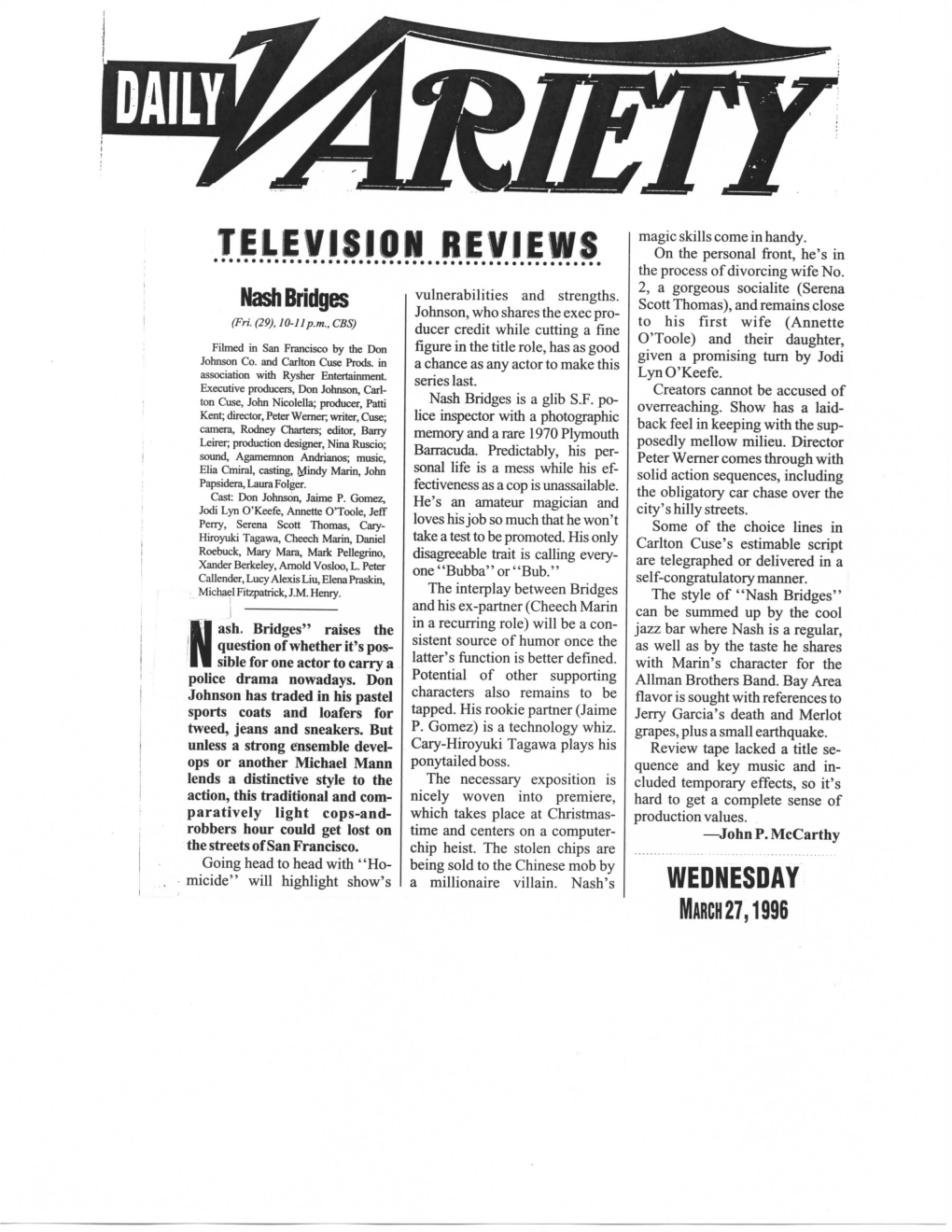 TELEVISION REVIEWS Nash Bridges