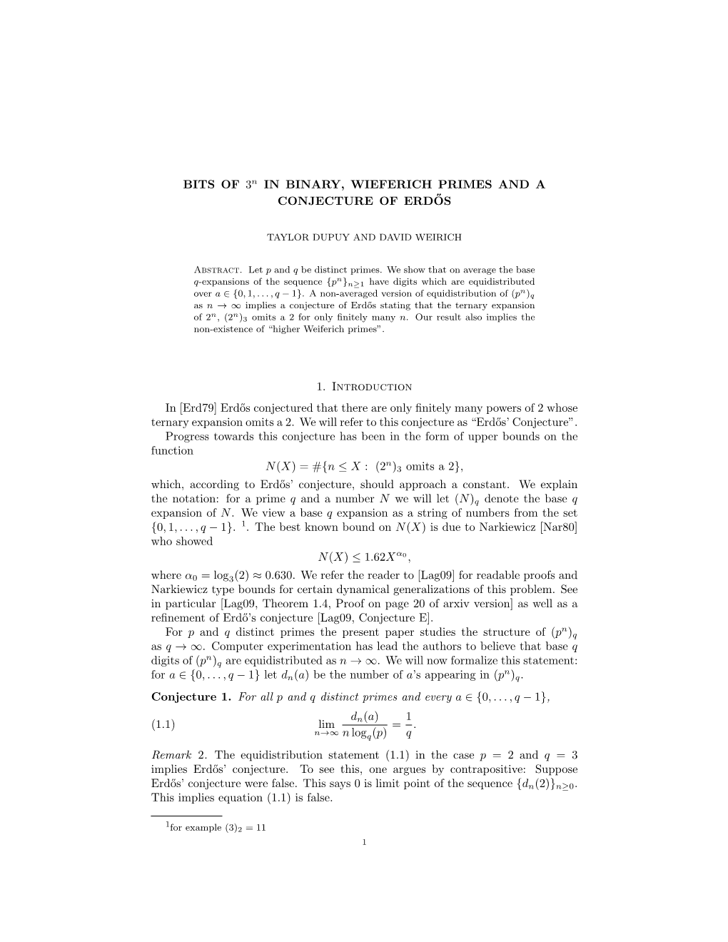 Average Bits of 3^N in Binary, Wieferich Primes and a Conjecture