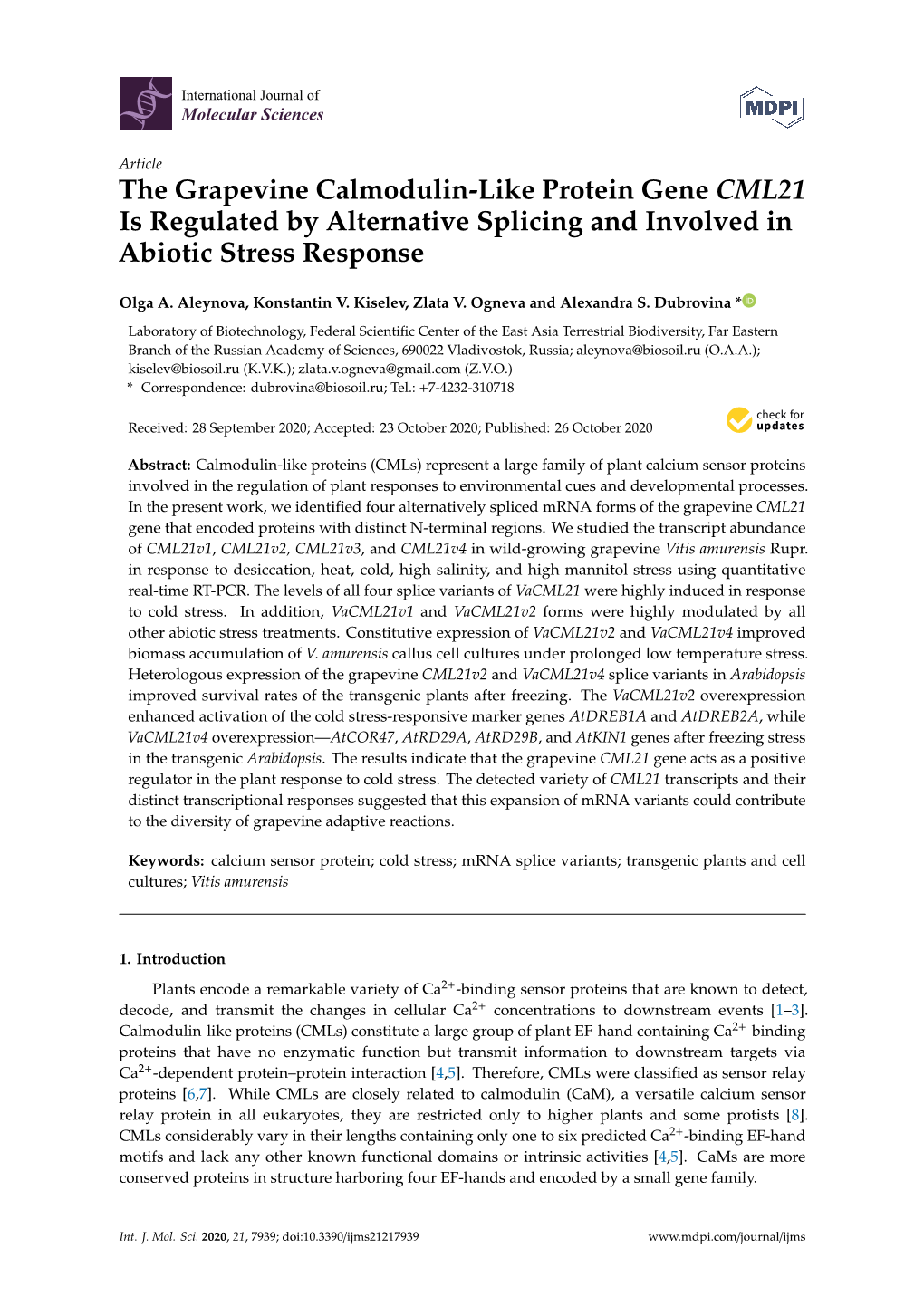 The Grapevine Calmodulin-Like Protein Gene CML21 Is Regulated by Alternative Splicing and Involved in Abiotic Stress Response