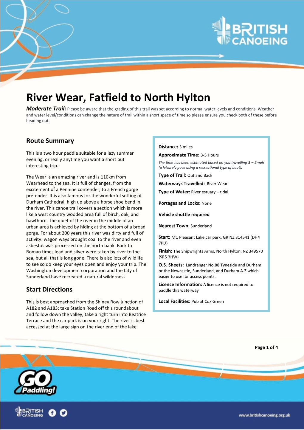 River Wear, Fatfield to North Hylton Moderate Trail: Please Be Aware That the Grading of This Trail Was Set According to Normal Water Levels and Conditions