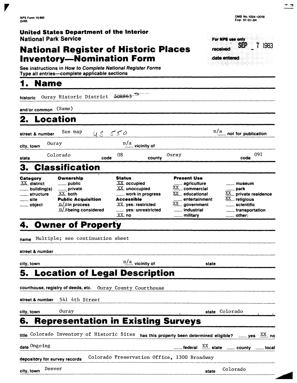 National Register of Historic Places Inventory—Nomination Form 1. Name 2. Location 3. Classification 4. Owner of Property 5. L