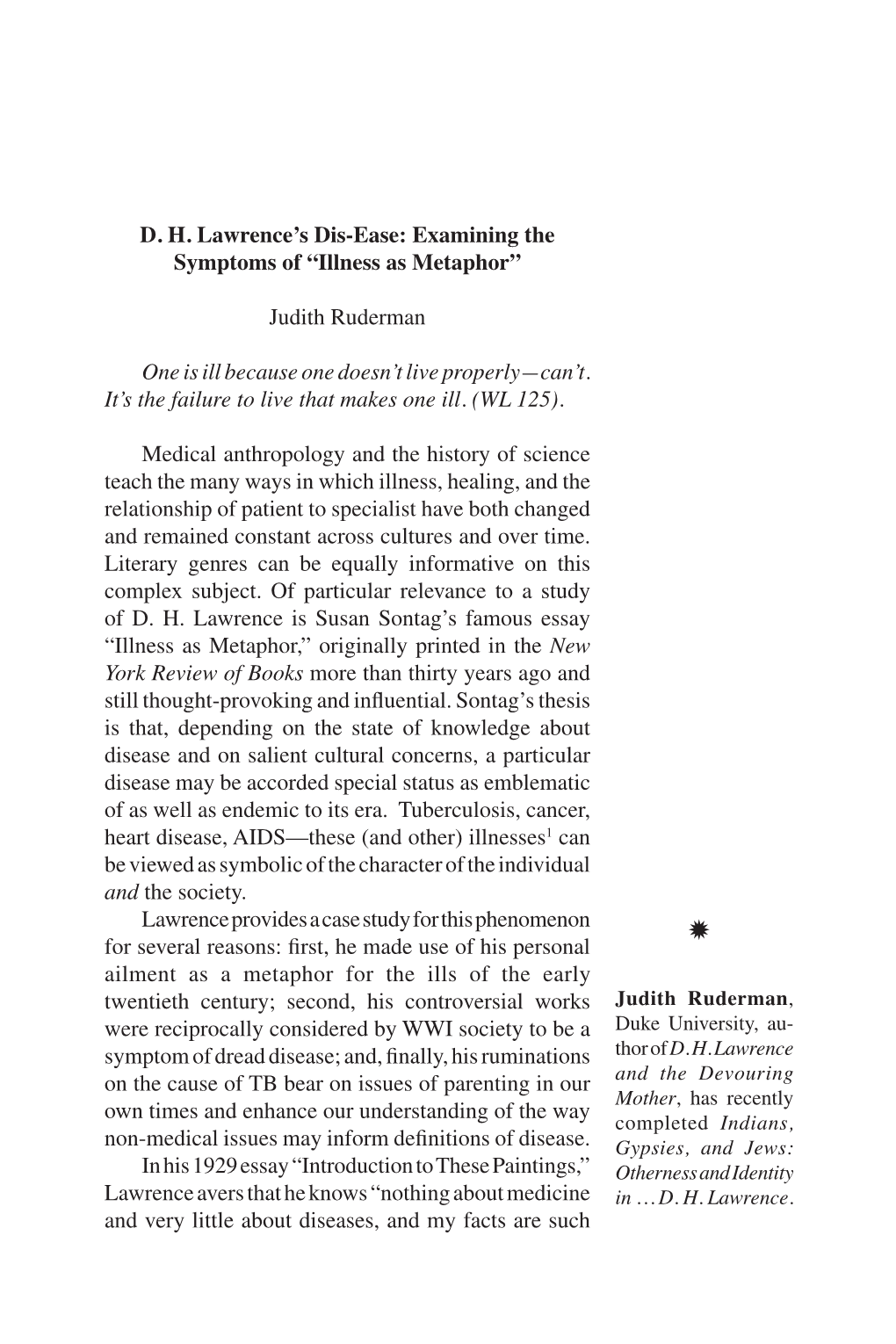 D. H. Lawrence S Dissease: Examining the Symptoms of Illness