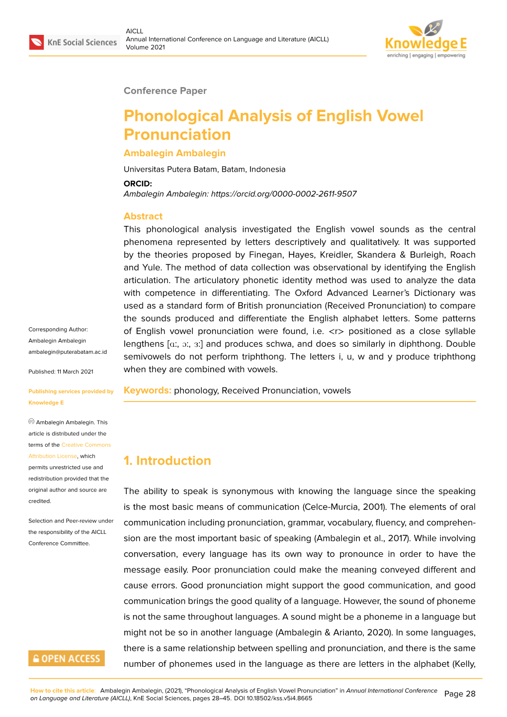 Phonological Analysis of English Vowel Pronunciation