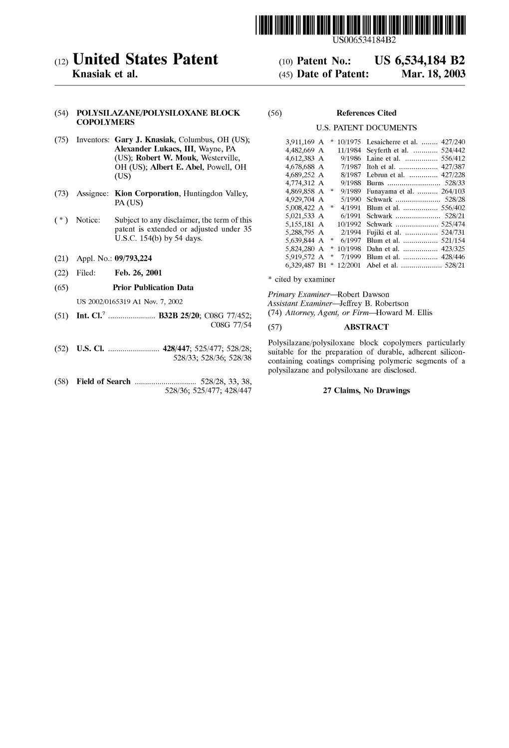 (12) United States Patent (10) Patent No.: US 6,534,184 B2 Knasiak Et Al