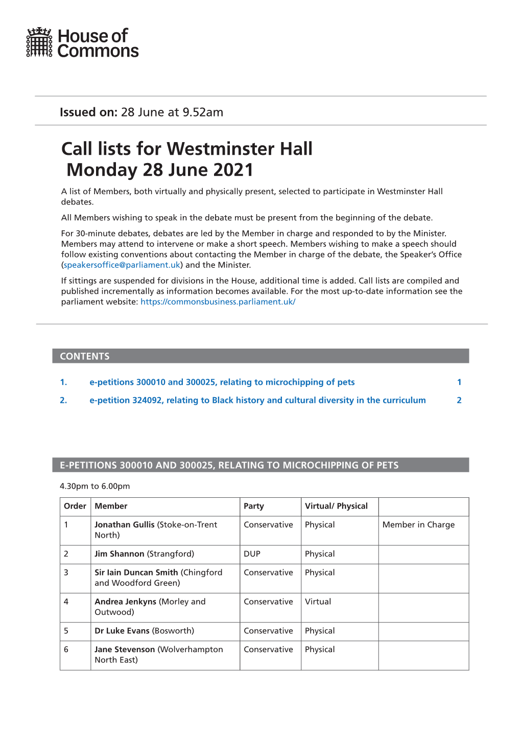 Westminster Hall Monday 28 June 2021 a List of Members, Both Virtually and Physically Present, Selected to Participate in Westminster Hall Debates