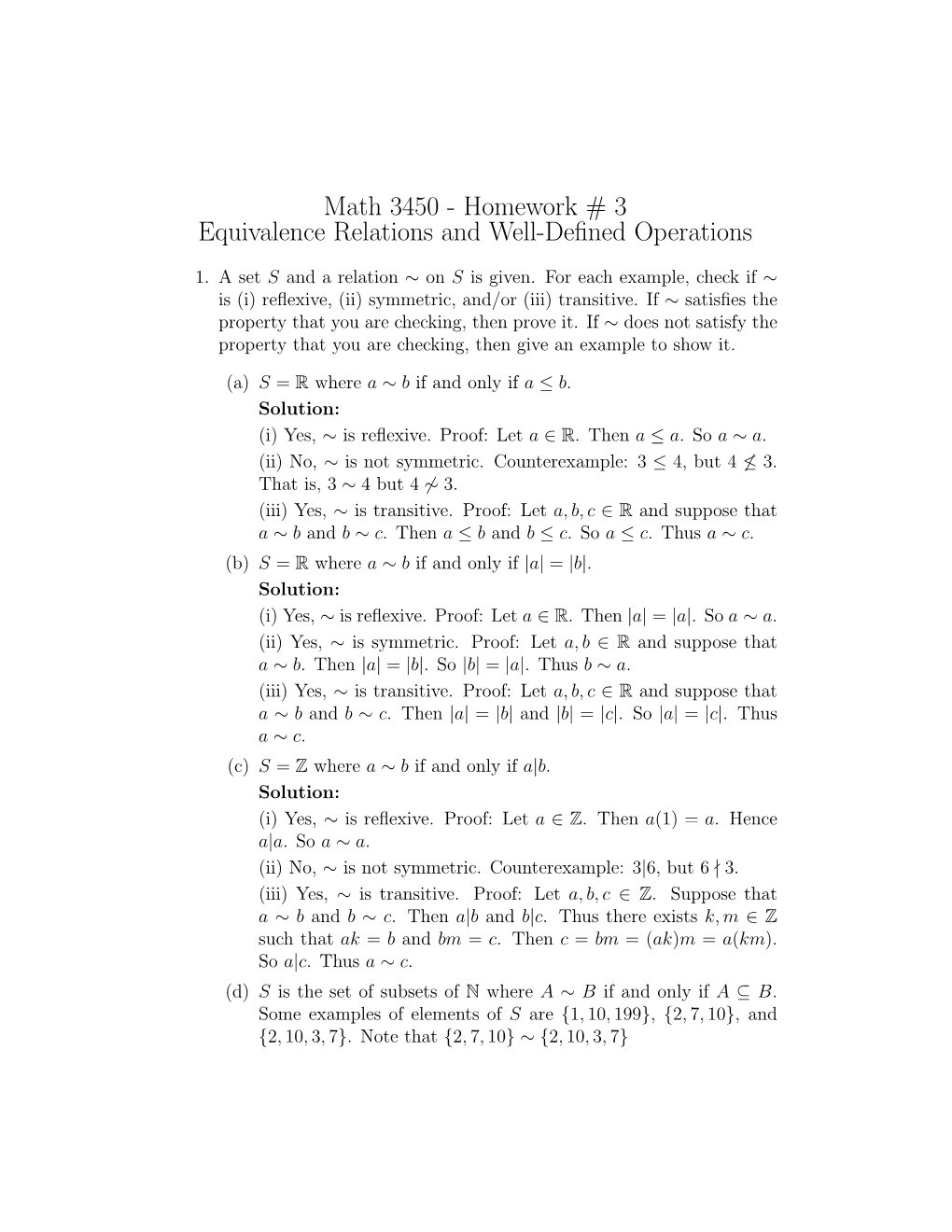 Homework # 3 Equivalence Relations and Well-Defined Operations