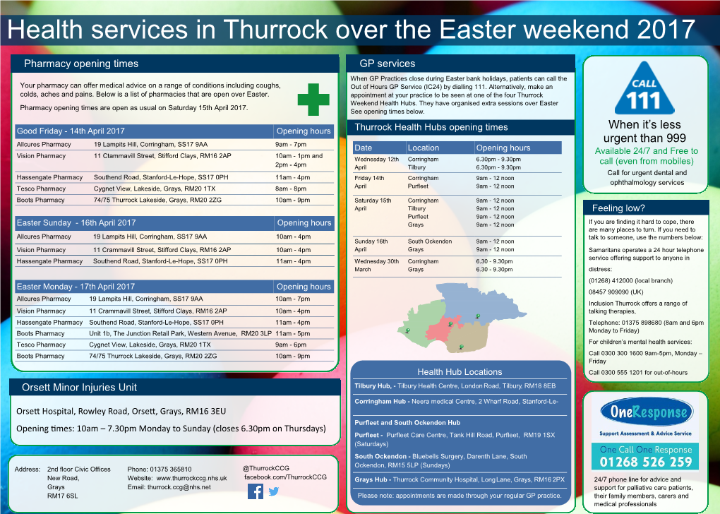 Health Services in Thurrock Over the Easter Weekend 2017