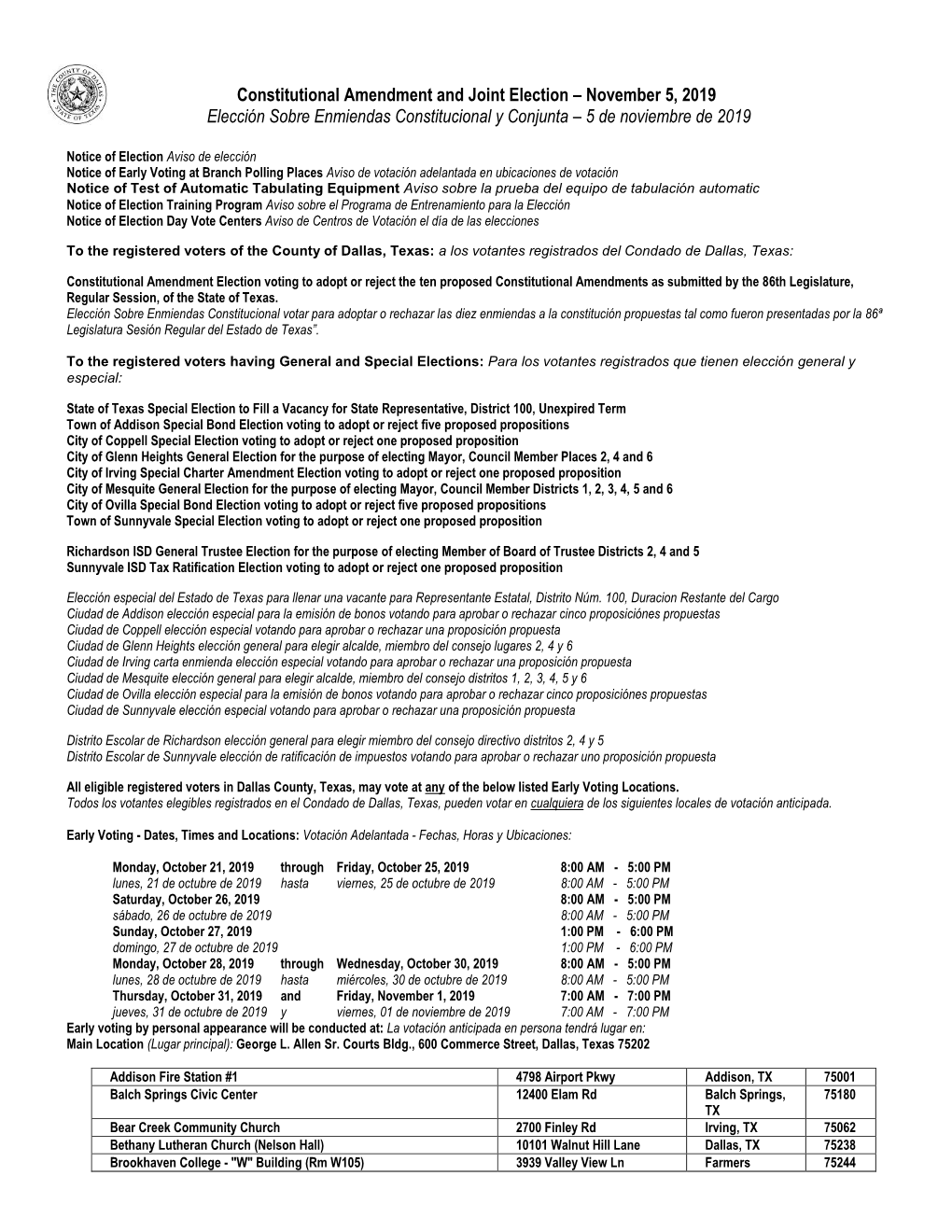 Constitutional Amendment and Joint Election – November 5, 2019 Elección Sobre Enmiendas Constitucional Y Conjunta – 5 De Noviembre De 2019