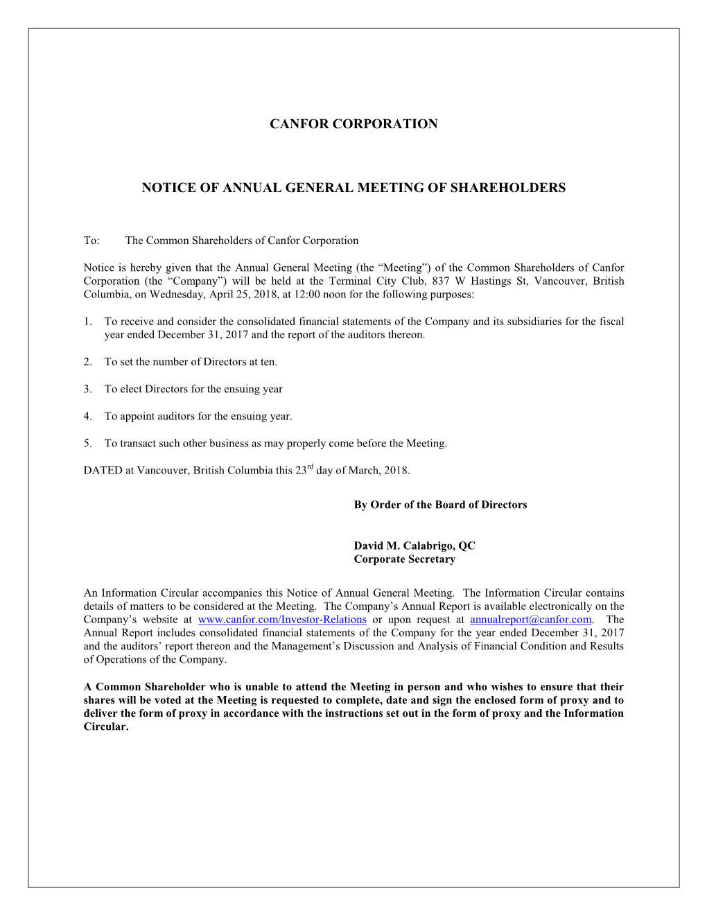 Canfor Corporation Notice of Annual General Meeting