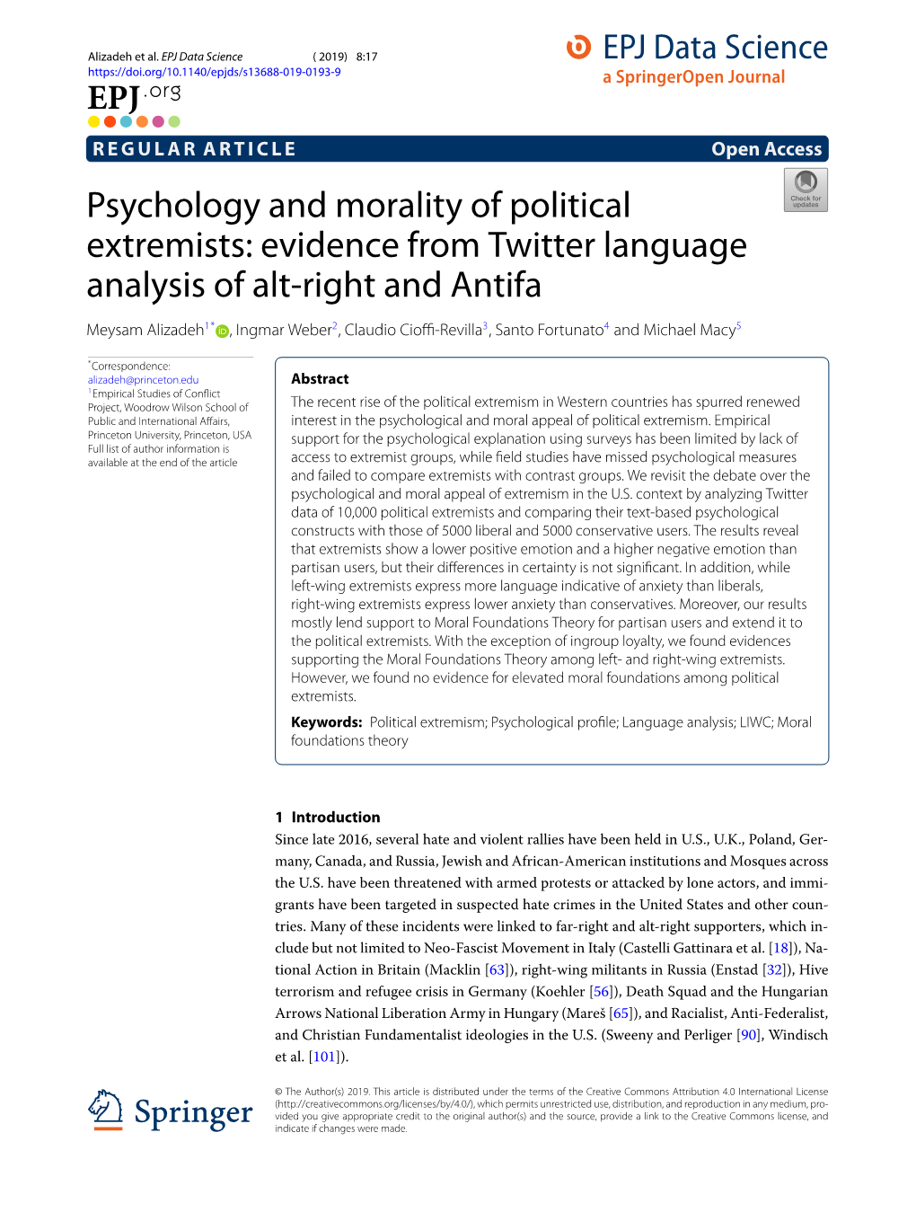 Psychology and Morality of Political Extremists: Evidence from Twitter Language Analysis of Alt-Right and Antifa