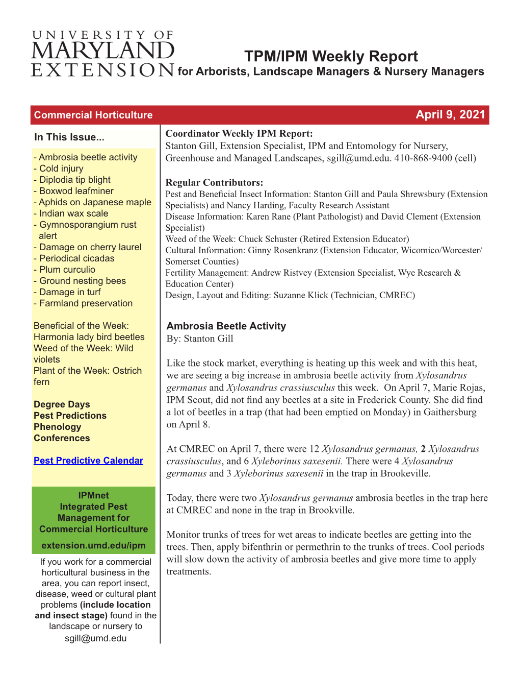 April 9, 2021 Landscape and Nursery IPM Report
