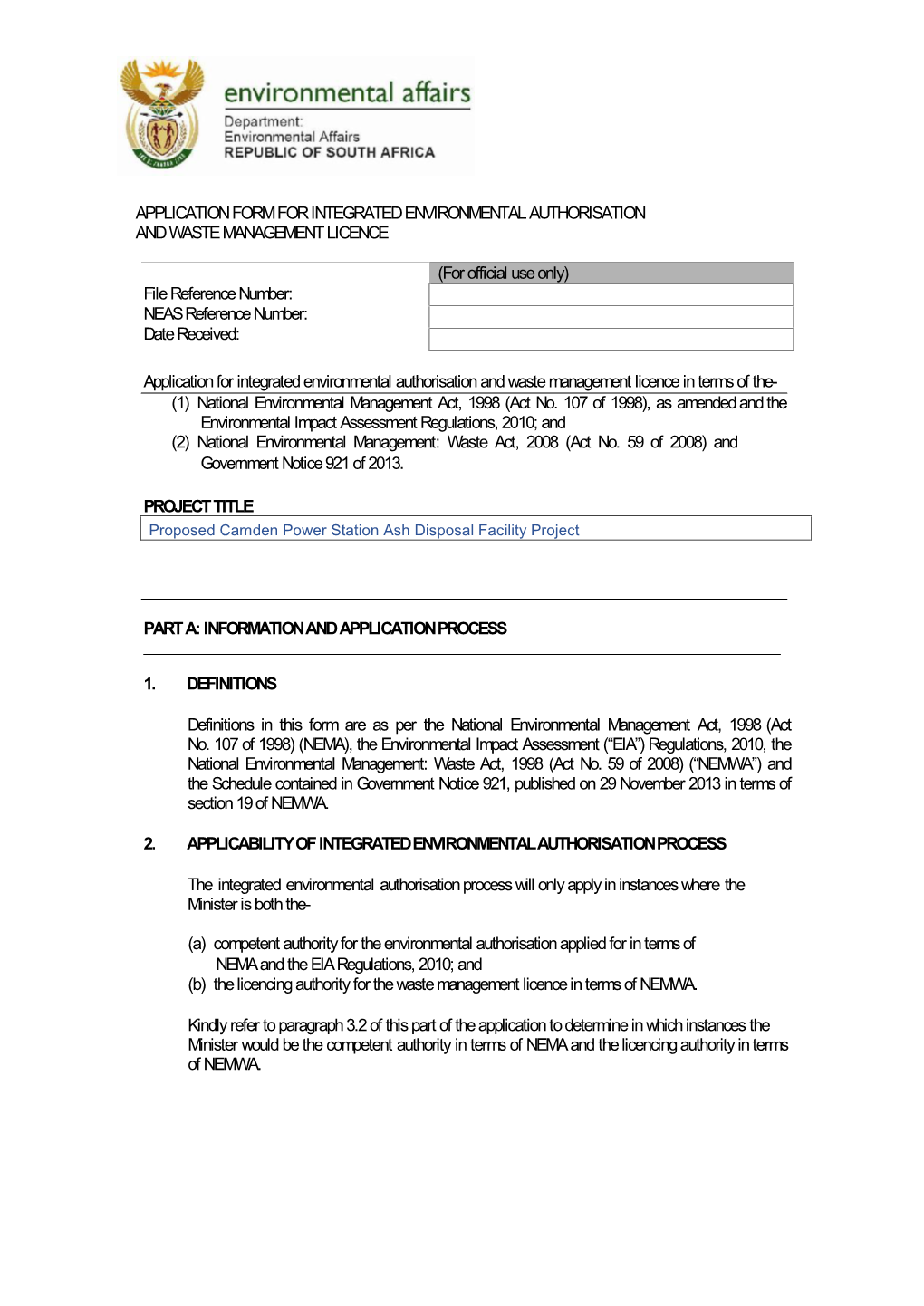 Application Form for Integrated Environmental Authorisation and Waste Management Licence