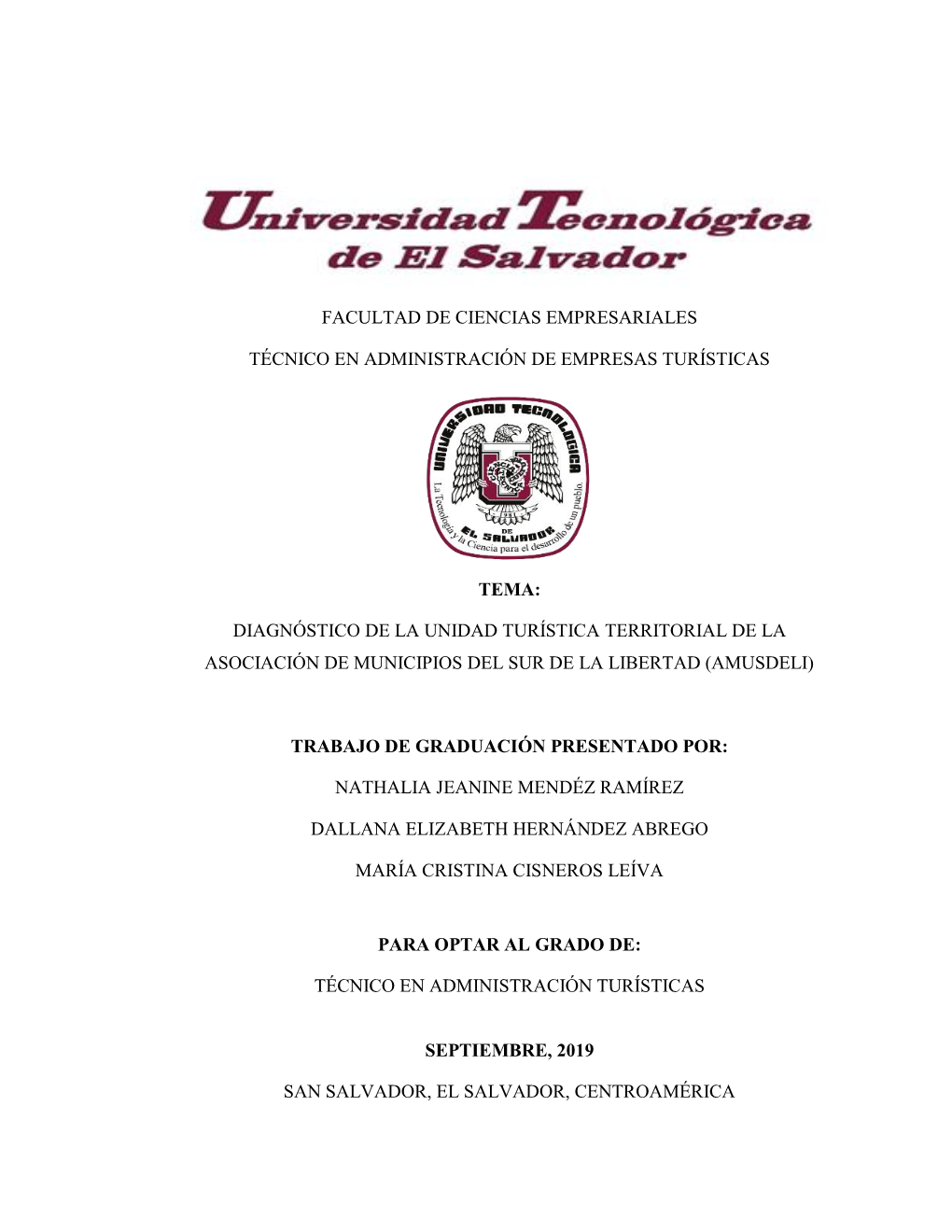 Diagnóstico De La Unidad Turística Territorial De La Asociación De Municipios Del Sur De La Libertad (Amusdeli)