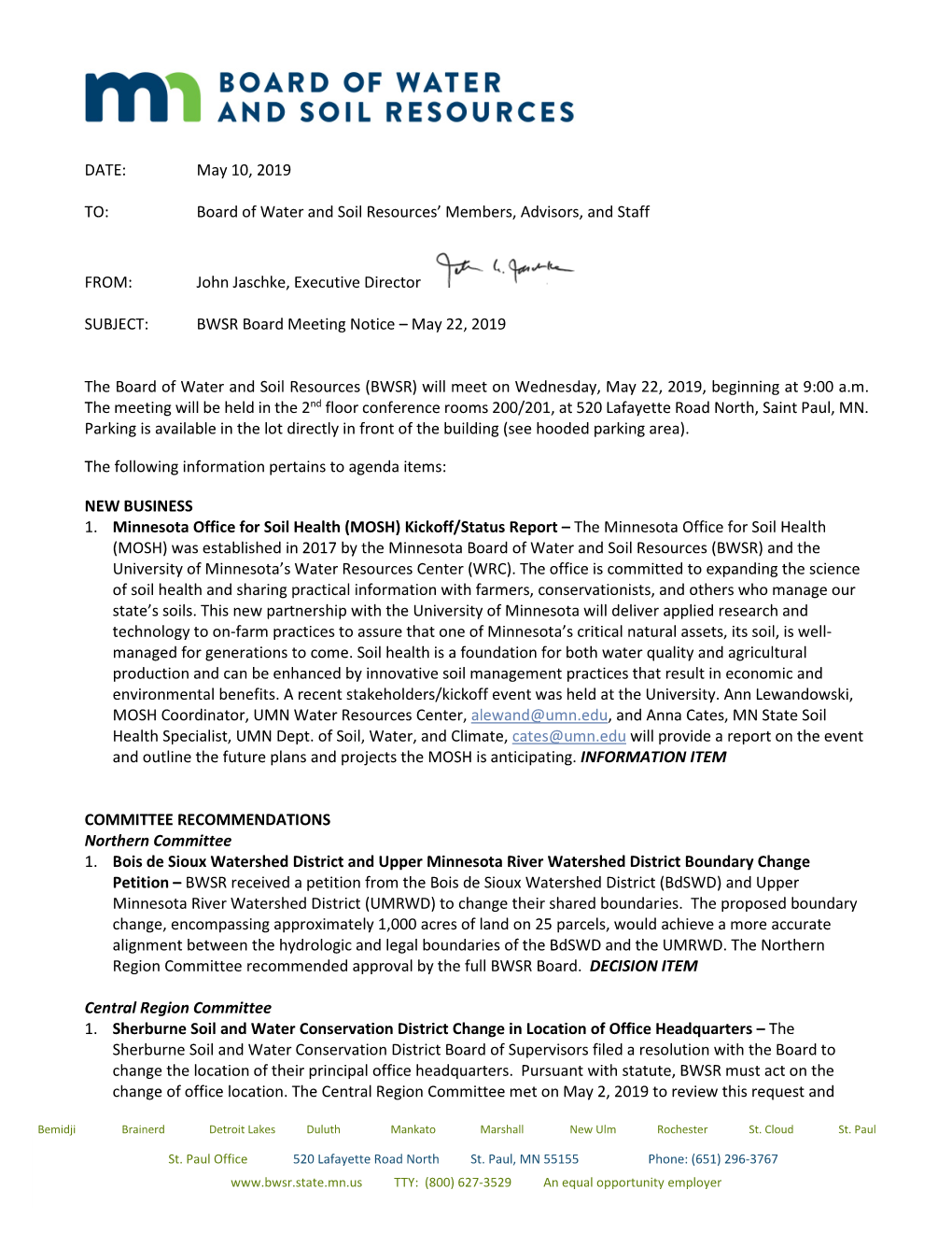 BWSR Board Meeting Notice – May 22, 2019