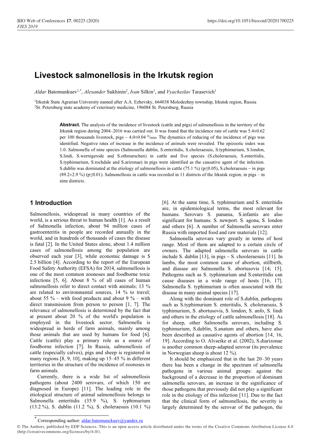 Livestock Salmonellosis in the Irkutsk Region