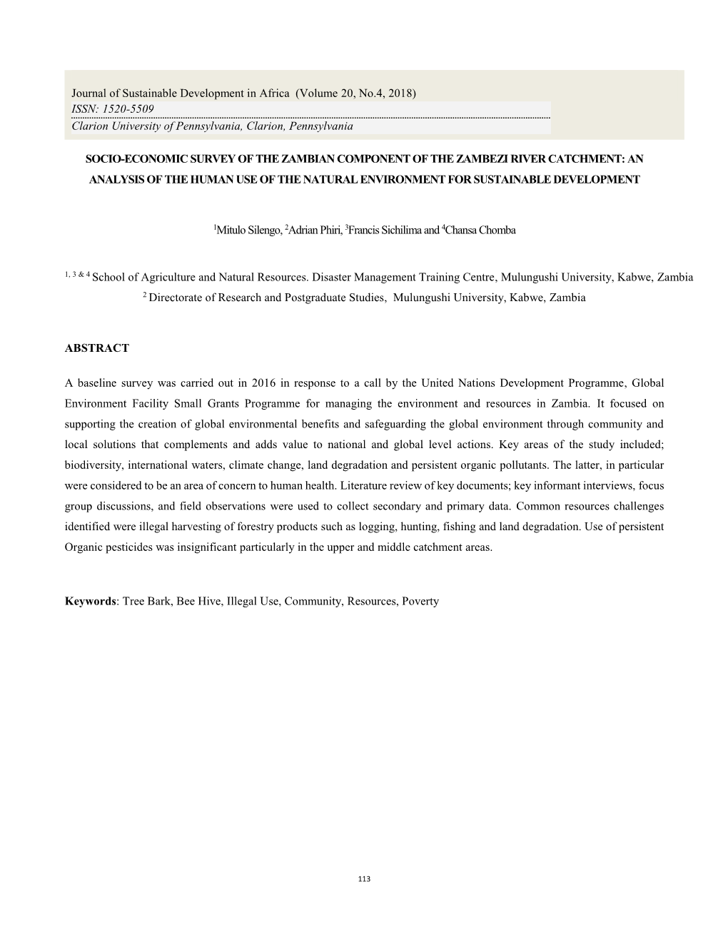 Socio-Economic Survey of the Zambian Component of the Zambezi River Catchment: an Analysis of the Human Use of the Natural Environment for Sustainable Development