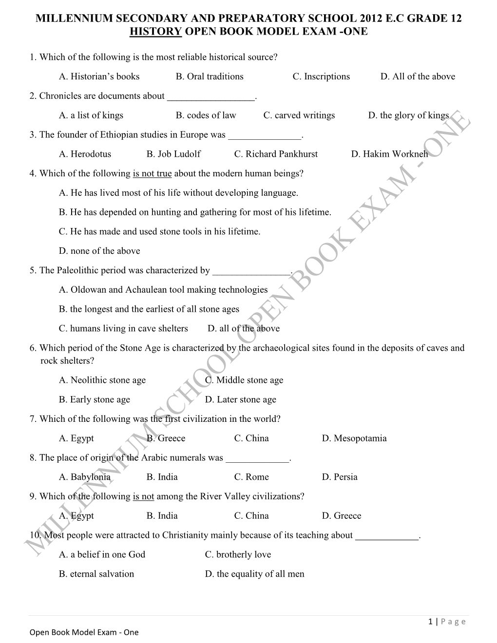 Millennium Secondary and Preparatory School 2012 E.C Grade 12 History Open Book Model Exam -One