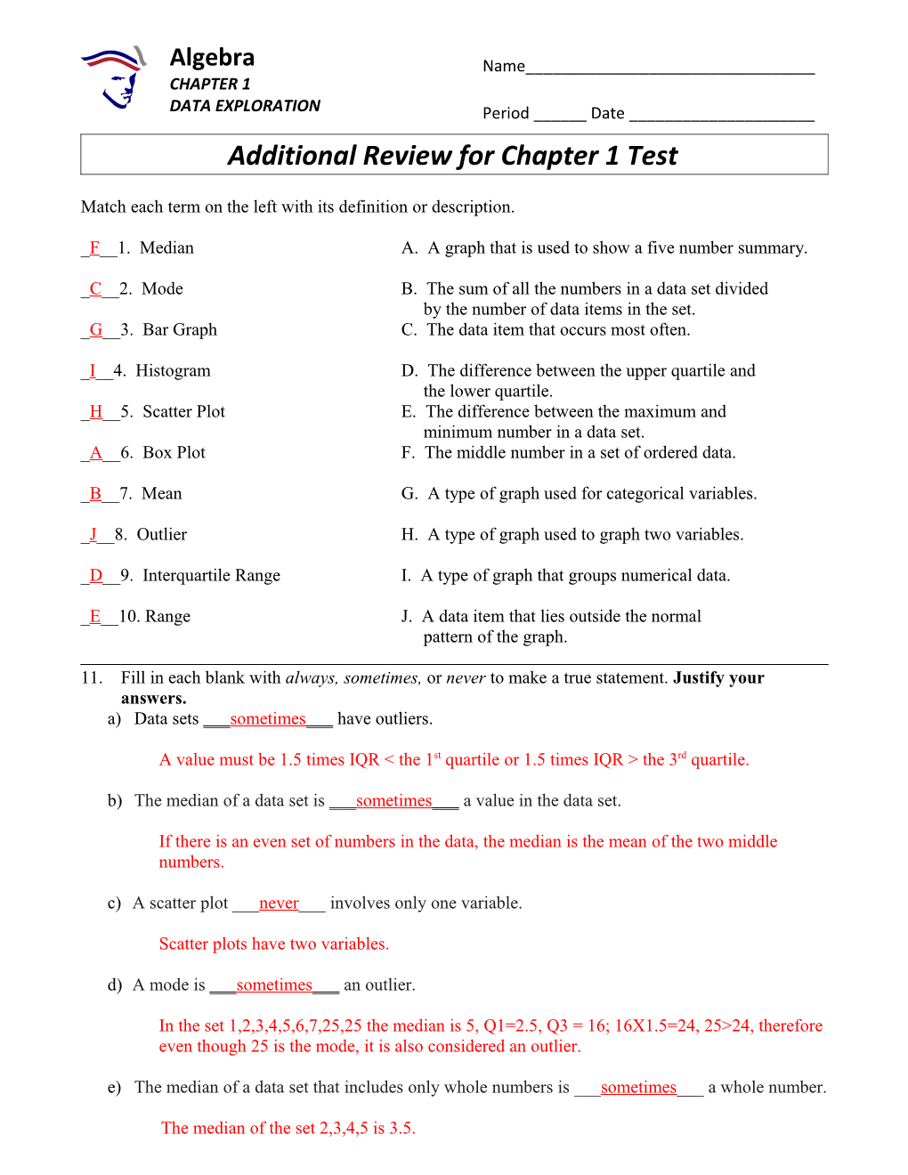 Additional Review for Chapter 1 Test